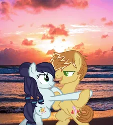 Size: 1872x2064 | Tagged: safe, artist:themexicanpunisher, derpibooru import, edit, coloratura, feather bangs, beach, cloud, colorabangs, dancing, duet, evening, female, looking at each other, lyrics in the description, male, ocean, scenery, shipping, sky, smiling, song reference, straight, summer, sun, sunset, water, wave, youtube link