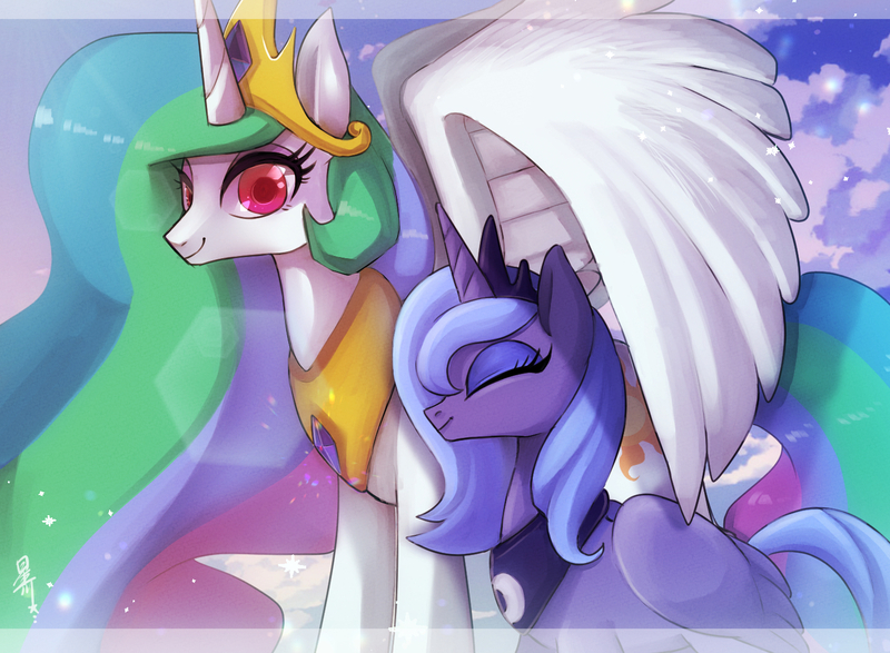 Size: 1500x1100 | Tagged: safe, artist:hosikawa, derpibooru import, princess celestia, princess luna, alicorn, pony, cloud, colored pupils, crown, cute, duo, eyes closed, female, jewelry, mare, regalia, royal sisters, s1 luna, siblings, sisters, sky, smiling, spread wings, wing shelter, wings