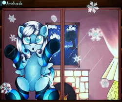 Size: 1280x1075 | Tagged: safe, artist:appleneedle, derpibooru import, oc, oc:snowdrop, unofficial characters only, pegasus, pony, clothes, cottage, cute, female, filly, fireplace, lamp, looking up, patreon, patreon reward, snow, snowflake, socks, solo, striped socks, window