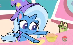 Size: 1440x900 | Tagged: safe, derpibooru import, screencap, gummy, trixie, alicorn, alligator, pony, unicorn, friendship gems, my little pony: pony life, spoiler:pony life s01e12, spoiler:pony life s01e17, alicornified, animation error, egg, kitchen, race swap, tongue out, treehouse logo, trixiecorn