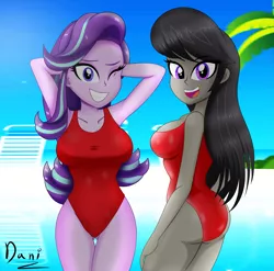 Size: 2729x2691 | Tagged: suggestive, artist:danielitamlp, derpibooru import, octavia melody, starlight glimmer, equestria girls, adorasexy, ass, baywatch, beach, breasts, busty octavia, busty starlight glimmer, butt, clothes, cute, female, high res, looking at you, ocean, one-piece swimsuit, open mouth, sand, sexy, signature, smiling, summer, swimsuit, treblebutt, tree