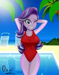 Size: 1609x2048 | Tagged: safe, artist:danielitamlp, derpibooru import, starlight glimmer, equestria girls, adorasexy, arm behind head, baywatch, belly button, breasts, busty starlight glimmer, clothes, cute, female, hands on head, image, jpeg, legs together, looking at you, ocean, one eye closed, one-piece swimsuit, red swimsuit, sand, sexy, signature, smiling, solo, summer, swimming pool, swimsuit, tree, underass, wink