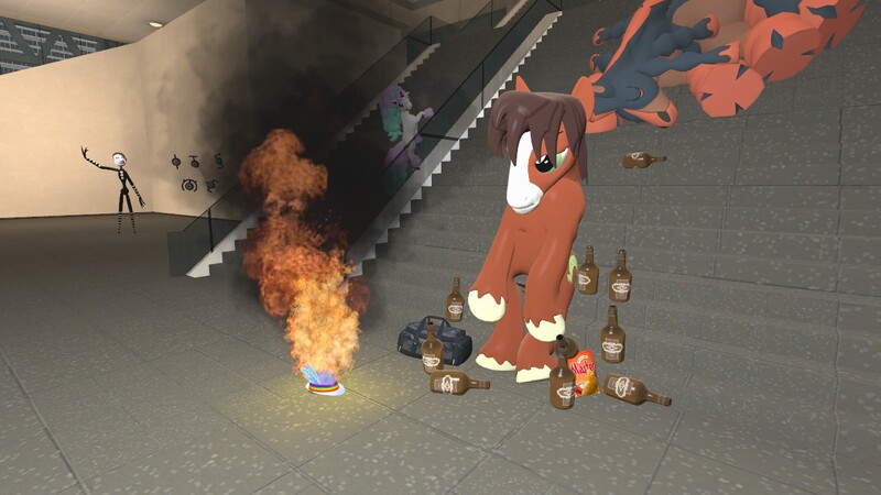 Size: 1280x720 | Tagged: 3d, angry, artist:horsesplease, baltimore convention center, bipedal, bronycon, derpibooru import, drunk, drunken shoes, fedora, fire, galarian ponyta, gmod, hat, marionette, mudsdale, pokémon, ponyta, sad, safe, sfm pony, trouble shoes, unown