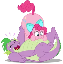 Size: 1280x1295 | Tagged: safe, artist:aleximusprime, derpibooru import, pinkie pie, spike, dragon, earth pony, pony, flurry heart's story, adult, adult spike, belly, blowing, bow, chubbie pie, chubby, chubby spike, crying, fanfic art, fat, fat spike, female, laughing, male, mare, older, older spike, onomatopoeia, plump, pudgy pie, raspberry, silly, simple background, tears of laughter, teary eyes, tongue out, transparent background, tummy buzz, vector, winged spike