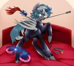 Size: 1676x1512 | Tagged: suggestive, artist:tnobulin, derpibooru import, oc, oc:elizabrat meanfeather, unofficial characters only, alicorn, bat pony, bat pony alicorn, pony, alicorn oc, ballgag, bat pony oc, bat wings, bed, bedroom, bedroom eyes, blanket, cat o' ninetails, clone, commission, cuffs, female, femdom, gag, glowing horn, horn, latex, latex suit, levitation, magic, mare, mouth hold, pillow, riding crop, solo, solo female, telekinesis, whip, wings, ych result