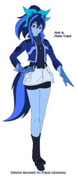 Size: 1280x2905 | Tagged: ambiguous species, anthro, artist:pyrus-leonidas, belt, blue skin, boots, bow, bracelet, clothes, compression shorts, denim skirt, derpibooru import, eared humanizationboots, female, hair bow, hand on hip, happy, human, humanized, jacket, jewelry, muticolored mane, muticolored tail, oc, oc:lexi starling, pony coloring, safe, shirt, shoes, shorts, simple background, skirt, smiling, solo, tailed humanization, transparent background, unofficial characters only, vector, white background