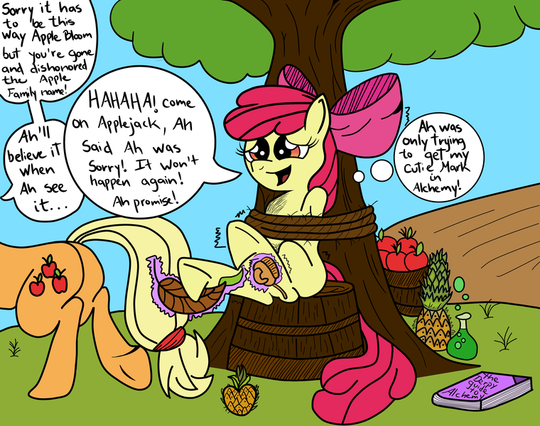 Size: 2929x2312 | Tagged: safe, artist:darkknighthoof, artist:sparklysapphire, derpibooru import, apple bloom, applejack, earth pony, pony, apple, basket, bondage, book, brush, colored, dishonorapple, feather, female, fetish, filly, food, hoof fetish, hooves, mare, pineapple, potion, punishment, rope, sibling tickling, siblings, sisters, tickle fetish, tickle torture, tickling, tied up, tree, underhoof