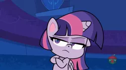 Size: 1661x921 | Tagged: safe, derpibooru import, screencap, twilight sparkle, campfire stories, my little pony: pony life, spoiler:pony life s01e11, spoiler:pony life s01e16, crossed arms, female, solo, unamused