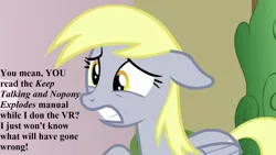 Size: 1280x720 | Tagged: safe, derpibooru import, edit, edited screencap, screencap, derpy hooves, triple threat, floppy ears, keep talking and nobody explodes, offscreen character, speech, talking