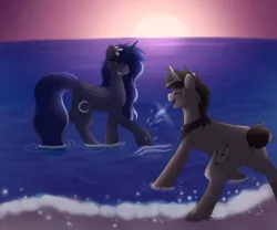 Size: 3000x2500 | Tagged: artist:dreamy, artist:littledreamycat, beach, commission, couple, cute, derpibooru import, dusk, fun, oc, oc:daniel hooves, ocean, oc:moonlight, offspring, parent:derpy hooves, parent:doctor whooves, parent:princess luna, parents:doctorderpy, romantic, safe, splashing, sunset