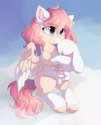 Size: 2500x3100 | Tagged: safe, artist:dreamweaverpony, derpibooru import, oc, oc:linen, unofficial characters only, pegasus, pony, rabbit, animal, beautiful, blank flank, bunny plushie, cloud, commission, curly hair, cute, diabetes, female, fluffy, huggable, hugging a plushie, mare, multicolored coat, on a cloud, pink coat, pink hair, plushie, pretty, pretty eyes, sitting, sitting on cloud, sky, solo, teenager