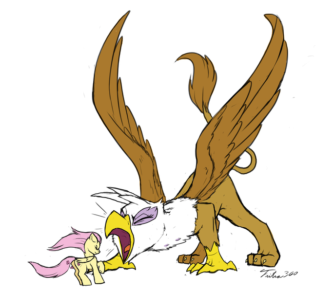 Size: 2000x1752 | Tagged: safe, artist:tsitra360, derpibooru import, fluttershy, gilda, gryphon, pegasus, pony, alternate size, giant griffon, macro, macro/micro, roar, scene interpretation, size difference, tiny, tiny ponies