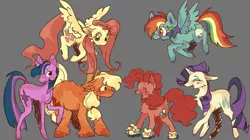 Size: 3789x2118 | Tagged: safe, artist:kiingbbu, derpibooru import, applejack, fluttershy, pinkie pie, rainbow dash, rarity, twilight sparkle, earth pony, pegasus, pony, unicorn, colored hooves, cowboy hat, digital art, eyes closed, female, flying, gray background, hat, mane six, mare, roller skates, simple background, smiling, unicorn twilight, unshorn fetlocks