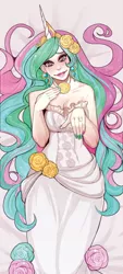 Size: 800x1771 | Tagged: safe, artist:mellifluousadventure, artist:simonadventure, derpibooru import, princess celestia, human, breasts, cleavage, clothes, dakimakura cover, dress, ear piercing, female, flower, flower in hair, horn, horned humanization, humanized, jewelry, lipstick, long hair, long nails, looking at you, nail polish, piercing, ring, rose, solo, teary eyes, tiara