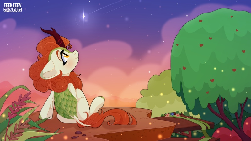 Size: 1920x1080 | Tagged: safe, artist:feekteev, derpibooru import, autumn blaze, kirin, ear fluff, female, night, peaks of peril, profile, shooting star, sitting, sky, solo, stars, tree