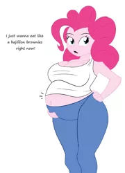 Size: 1280x1782 | Tagged: suggestive, artist:funble, artist:stanztrigger, color edit, derpibooru import, edit, pinkie pie, equestria girls, belly, big belly, big breasts, breasts, busty pinkie pie, clothes, colored, dialogue, exposed belly, female, hand on belly, legs, looking at you, open mouth, pants, preggy pie, pregnant, pregnant equestria girls, sexy, solo, solo female, talking to viewer
