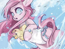 Size: 2000x1500 | Tagged: safe, artist:amo, derpibooru import, pinkie pie, earth pony, pony, beach, clothes, cute, cuteamena, one-piece swimsuit, pinkamena diane pie, rubber duck, swimsuit