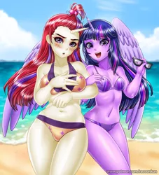 Size: 900x993 | Tagged: adorasexy, alicorn, artist:racoonsan, belly button, bikini, blushing, boob squish, breasts, busty moondancer, cleavage, clothes, commission, covering, cute, dancerbetes, derpibooru import, duo, edit, editor:drakeyc, embarrassed, equestria girls edit, female, glasses, horn, horned humanization, human, humanized, looking at you, moondancer, open mouth, plump, sexy, skin color edit, suggestive, swimsuit, twiabetes, twilight sparkle, twilight sparkle (alicorn), winged humanization, wings