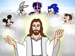 Size: 2048x1536 | Tagged: safe, artist:jmantheangel, derpibooru import, twilight sparkle, anthro, hedgehog, human, mouse, rabbit, unicorn, animal, anthro with ponies, baby, baby mario, bugs bunny, christianity, clothes, cloud, crossover, jesus christ, mickey mouse, on a cloud, religion, smiling, sonic the hedgehog, sonic the hedgehog (series), unicorn twilight