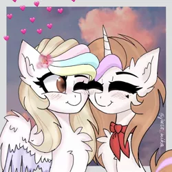 Size: 1080x1080 | Tagged: dead source, safe, artist:just_nika__, derpibooru import, oc, unofficial characters only, pegasus, pony, unicorn, blushing, bust, chest fluff, cloud, duo, ear fluff, eyes closed, flower, flower in hair, heart, horn, one eye closed, pegasus oc, smiling, unicorn oc, wings, wink