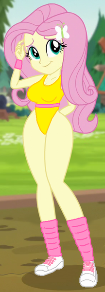 Size: 295x818 | Tagged: safe, artist:wolf, derpibooru import, edit, edited edit, edited screencap, screencap, fluttershy, equestria girls, legend of everfree, 80s, breasts, clothes, hairpin, high-cut clothing, leg warmers, leotard, shoes, sneakers, wide hips, workout outfit, wristband