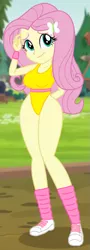 Size: 295x818 | Tagged: safe, artist:wolf, derpibooru import, edit, edited edit, edited screencap, screencap, fluttershy, equestria girls, legend of everfree, 80s, breasts, clothes, hairpin, high-cut clothing, leg warmers, leotard, shoes, sneakers, wide hips, workout outfit, wristband