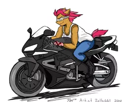 Size: 3308x2772 | Tagged: safe, artist:zalla661, derpibooru import, babs seed, anthro, earth pony, pony, arm freckles, body freckles, boots, clothes, digital art, female, freckles, gloves, goggles, motorcycle, muscles, muscular female, shoes, short hair, simple background, smiling, solo, tanktop, vehicle, white background