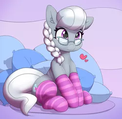 Size: 2708x2641 | Tagged: safe, artist:pabbley, derpibooru import, silver spoon, earth pony, pony, clothes, cute, cutie mark, female, filly, glasses, heart, pillow, silverbetes, socks, solo, striped socks