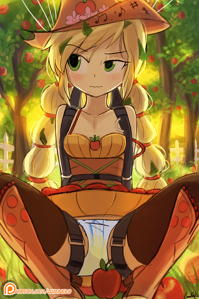 Size: 750x1125 | Tagged: questionable, alternate version, artist:lumineko, derpibooru import, edit, applejack, human, equestria girls, alternate hairstyle, apple, apple tree, applejack's hat, avoiding eye contact, blonde hair, blushing, boots, breasts, busty applejack, clothes, cowboy boots, cowboy hat, diaper, diaper edit, diaper fetish, dress, embarrassed, embarrassed underwear exposure, falling leaves, female, fetish, first person view, food, fully clothed, glance away, gone wrong, grass, green eyes, hair over one eye, hat, humanized, landing, leaves, non-baby in diaper, nsfw edit, offscreen character, open legs, orchard, parachute, patreon, patreon logo, peeing in diaper, pigtails, pissing, ponytail, pov, raised eyebrow, shoes, sideways glance, sitting, sitting on grass, sitting on ground, skirt, skirt lift, skydiving, sleeveless, small breasts, solo, solo female, spread legs, spreading, tree, twintails, unamused, underwear, upskirt, urine, wardrobe malfunction, wet diaper