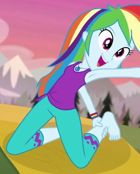 Size: 518x644 | Tagged: safe, derpibooru import, screencap, rainbow dash, equestria girls, equestria girls series, wake up!, spoiler:eqg series (season 2), armpits, barefoot, clothes, feet, female, inverse badger, shirt, sleeveless, sleeveless shirt, stretch, stretching, wake up!: rainbow dash, yoga