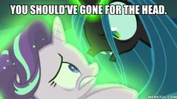 Size: 600x337 | Tagged: safe, derpibooru import, edit, edited screencap, screencap, queen chrysalis, starlight glimmer, to where and back again, avengers: infinity war, caption, image macro, memeful.com, text, thanos