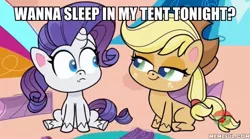 Size: 600x334 | Tagged: safe, derpibooru import, edit, edited screencap, screencap, applejack, rarity, a camping we will go, my little pony: pony life, spoiler:pony life s01e11, spoiler:pony life s01e15, caption, female, image macro, lesbian, memeful.com, rarijack, shipping, sitting, text