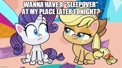 Size: 897x500 | Tagged: safe, derpibooru import, edit, edited screencap, screencap, applejack, rarity, earth pony, pony, unicorn, a camping we will go, my little pony: pony life, spoiler:pony life s01e11, spoiler:pony life s01e15, bedroom eyes, caption, dialogue, female, image macro, imgflip, lesbian, mare, rarijack, shipping, sitting, text, treehouse logo