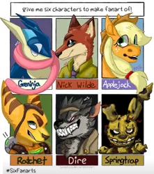 Size: 1080x1222 | Tagged: safe, artist:mangosmoothee, derpibooru import, applejack, anthro, earth pony, fox, greninja, pony, six fanarts, animatronic, anthro with ponies, bust, clothes, crossover, dire, fortnite, freckles, grin, hat, male, nick wilde, open mouth, pokémon, ratchet, ratchet and clank, sharp teeth, smiling, springtrap, teeth, tongue out, zootopia