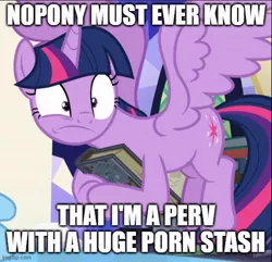 Size: 518x500 | Tagged: suggestive, derpibooru import, edit, edited screencap, editor:twi clown, screencap, twilight sparkle, twilight sparkle (alicorn), alicorn, pony, shadow play, book, caption, cropped, faic, female, flying, image macro, mare, meme, porn stash, solo, spread wings, star swirl's journal, text, wings