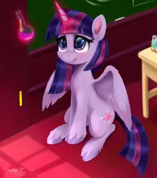 Size: 3969x4500 | Tagged: safe, artist:darksly, derpibooru import, twilight sparkle, twilight sparkle (alicorn), alicorn, pony, my little pony: pony life, absurd resolution, chemistry, cute, cutie mark, female, levitation, magic, mare, potion, school, science, signature, sitting, smiling, solo, telekinesis, twiabetes, unshorn fetlocks