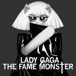 Size: 1500x1500 | Tagged: safe, artist:aldobronyjdc, derpibooru import, ponified, earth pony, pony, album, album cover, clothes, covering mouth, digital art, female, illustration, lady gaga, looking at you, simple background, solo, text, the fame monster