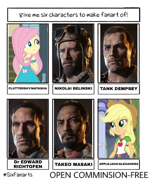 Size: 1080x1290 | Tagged: safe, artist:flutterpanzer, derpibooru import, applejack, fluttershy, human, six fanarts, equestria girls, beard, bust, call of duty, clothes, crossover, edward richtofen, facial hair, female, freckles, hat, male, nikolai belinski, takeo masaki, tank dempsey