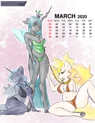 Size: 816x1056 | Tagged: suggestive, artist:longtailshort, derpibooru import, edit, editor:icy shake, daybreaker, princess luna, queen chrysalis, alicorn, anthro, changeling, unguligrade anthro, absolute cleavage, bedroom eyes, belly button, breasts, busty daybreaker, busty princess luna, busty queen chrysalis, calendar, cleavage, collar, female, females only, leash, midriff, nipples, nudity, reversalis