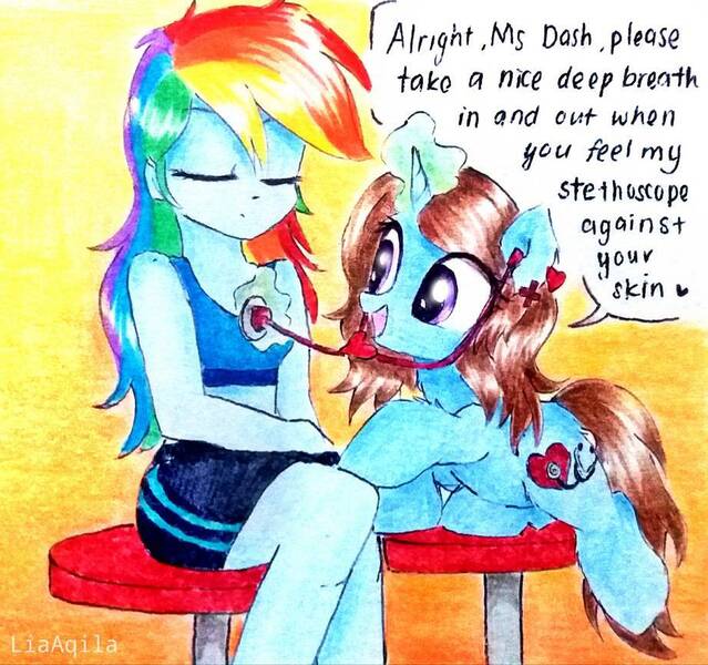 Size: 922x866 | Tagged: safe, artist:liaaqila, derpibooru import, rainbow dash, oc, oc:nurse hypno heart, pony, unicorn, equestria girls, blue fur, blue skin, brown mane, brown tail, checkup, clothes, commission, crossed legs, dup, eyes closed, gym shorts, happy, long hair, magic, multicolored hair, nurse, open mouth, purple eyes, rainbow hair, raised eyebrows, shorts, sitting, smiling, speech bubble, sports bra, sporty style, stethoscope, stool, tanktop, telekinesis, watermark