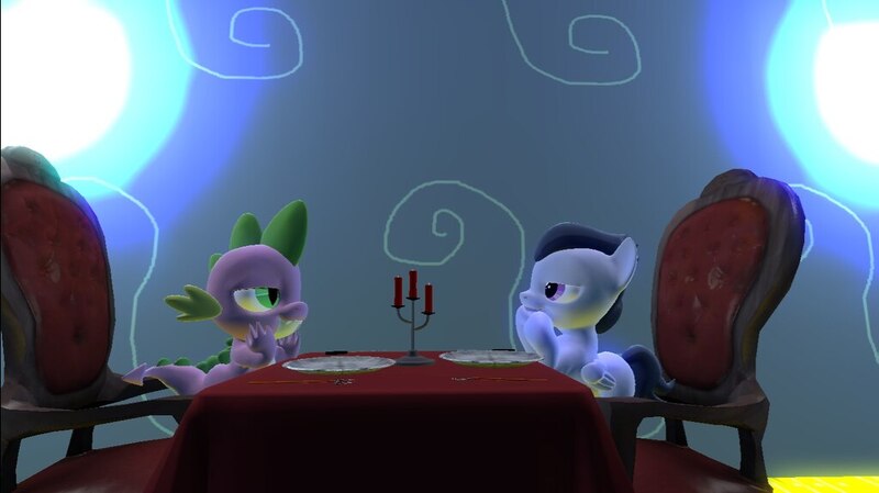 Size: 1024x575 | Tagged: safe, artist:undeadponysoldier, derpibooru import, rumble, spike, dragon, pony, 3d, candle, colt, date, dinner table, fork, gay, gmod, lidded eyes, looking at each other, male, plate, restaurant, romantic, rumblespike, shipping, silverware