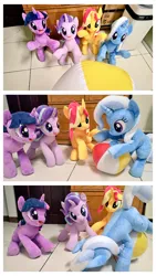 Size: 576x1024 | Tagged: safe, artist:nekokevin, derpibooru import, starlight glimmer, sunset shimmer, trixie, twilight sparkle, pony, unicorn, series:nekokevin's glimmy, bipedal, faceplant, female, holding, irl, looking at you, magical quartet, mare, open mouth, photo, plushie, sitting, smiling, underhoof, unicorn twilight