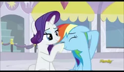 Size: 1024x600 | Tagged: safe, derpibooru import, screencap, rainbow dash, rarity, pegasus, pony, unicorn, rarity investigates, boop, cute, dashabetes, discovery family logo, duo, eyes closed, female, hooves behind head, raised hoof, raribetes, sitting, stadium, sunscreen