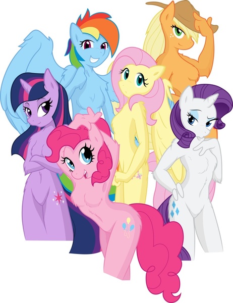 Size: 788x1024 | Tagged: suggestive, artist:fehlung, derpibooru import, applejack, fluttershy, pinkie pie, rainbow dash, rarity, twilight sparkle, anthro, earth pony, pegasus, unicorn, arm behind head, barbie doll anatomy, breasts, cowboy hat, crossed arms, cutie mark, digital art, feather, featureless breasts, featureless crotch, female, fluffy, fur, group, hand on hip, hat, horn, looking at you, mane six, open mouth, pose, simple background, smiling, unicorn twilight, wings
