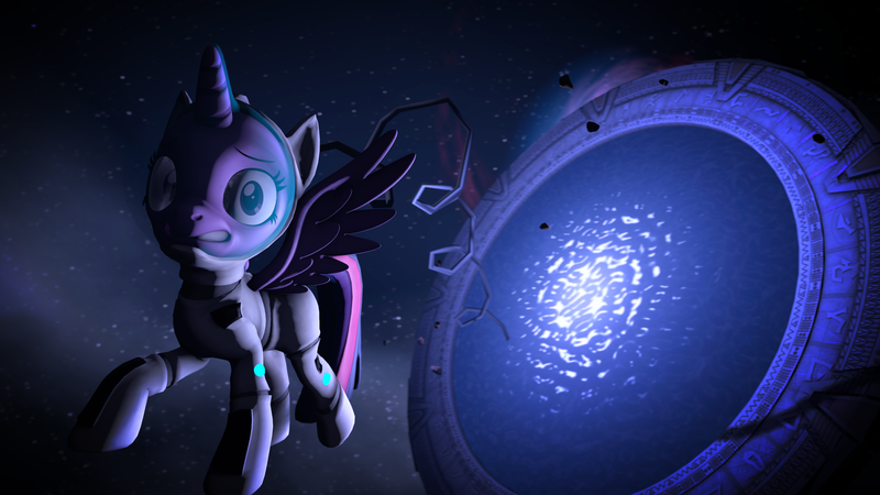 Size: 2560x1440 | Tagged: safe, artist:phenioxflame, derpibooru import, twilight sparkle, twilight sparkle (alicorn), alicorn, pony, 3d, female, panicking, solo, source filmmaker, space, spacesuit, stargate