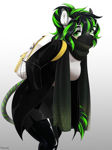 Size: 959x1280 | Tagged: safe, artist:pesaart, derpibooru import, oc, unofficial characters only, anthro, earth pony, bandana, barely pony related, clothes, commission, digital art, face mask, female, hand in pocket, image, jpeg, latex, latex boots, latex under clothes, looking at you, mask, simple background, solo