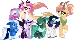 Size: 1280x703 | Tagged: safe, artist:berry-siren, derpibooru import, oc, oc:crescent moon, oc:giant apple, oc:ice storm, oc:love song, oc:night light, oc:star struck, unofficial characters only, hybrid, base used, female, interspecies offspring, magical lesbian spawn, offspring, parent:adagio dazzle, parent:applejack, parent:discord, parent:lord tirek, parent:nightmare moon, parent:princess cadence, parent:queen chrysalis, parent:rarity, parents:applecord, parents:nightrarity, parent:storm king, parent:ursa minor, simple background, transparent background