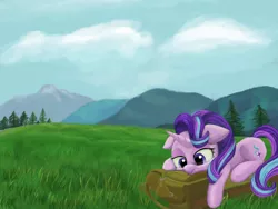 Size: 4000x3000 | Tagged: safe, artist:flusanix, derpibooru import, starlight glimmer, pony, unicorn, bag, female, high res, hiking, lying down, mountain, solo