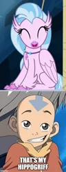 Size: 500x1297 | Tagged: safe, derpibooru import, edit, edited screencap, screencap, silverstream, classical hippogriff, hippogriff, school daze, aang, avatar silverstream, avatar the last airbender, meme, smiling, that's my x