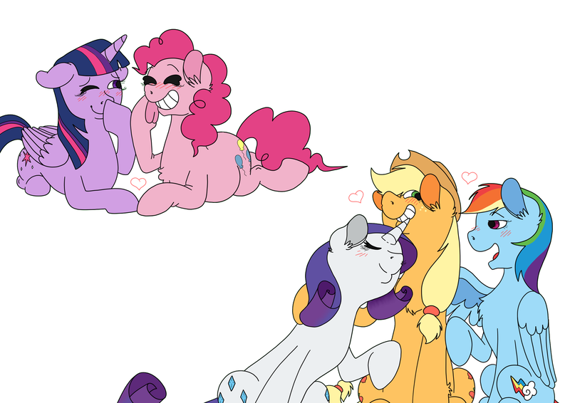 Size: 2480x1754 | Tagged: safe, artist:edwinn, derpibooru import, applejack, pinkie pie, rainbow dash, rarity, twilight sparkle, twilight sparkle (alicorn), alicorn, earth pony, pegasus, unicorn, appledash, blushing, chubbie pie, chubby, female, holding hooves, hug, lesbian, polyamory, rarijack, rarijackdash, shipping, simple background, smug, twinkie, white background, winghug